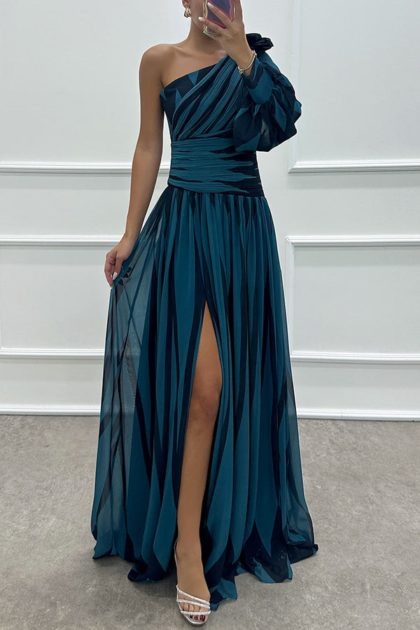 Annalise - One Shoulder Pleated Slit Maxi Dress