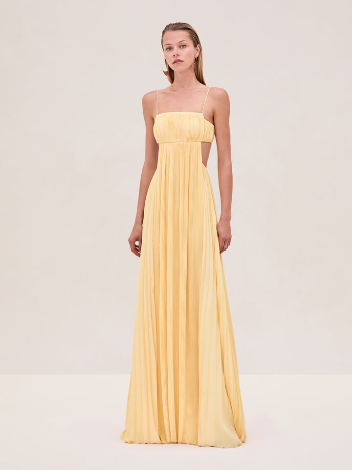 Varranza - Pleated Cutout Waist A-line Slip Maxi Dress