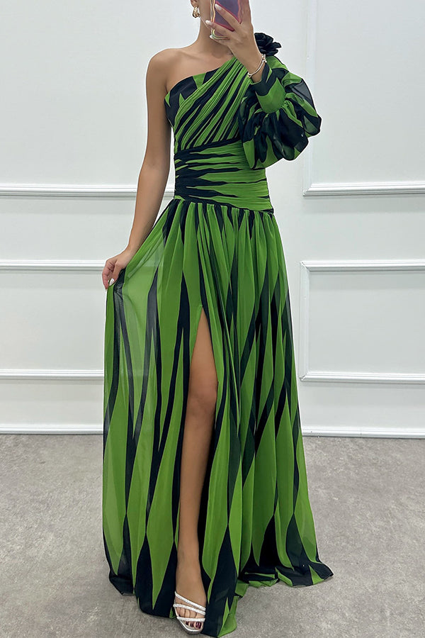 Annalise - One Shoulder Pleated Slit Maxi Dress